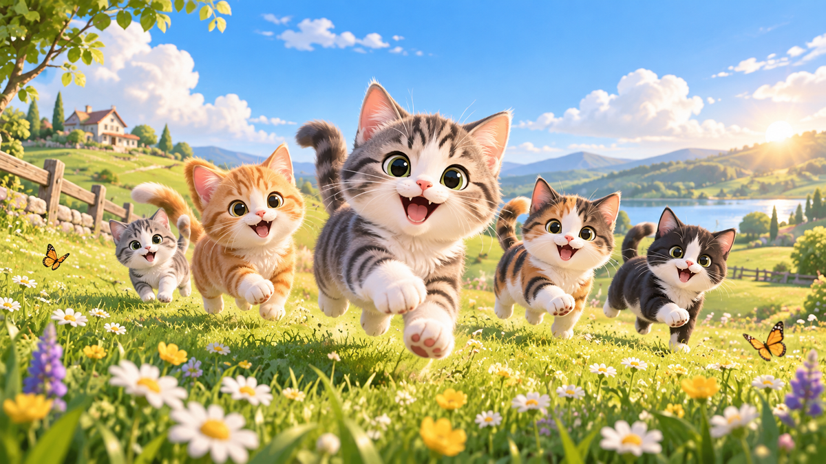 Ilustración de gatitos corriendo juntos por el campo