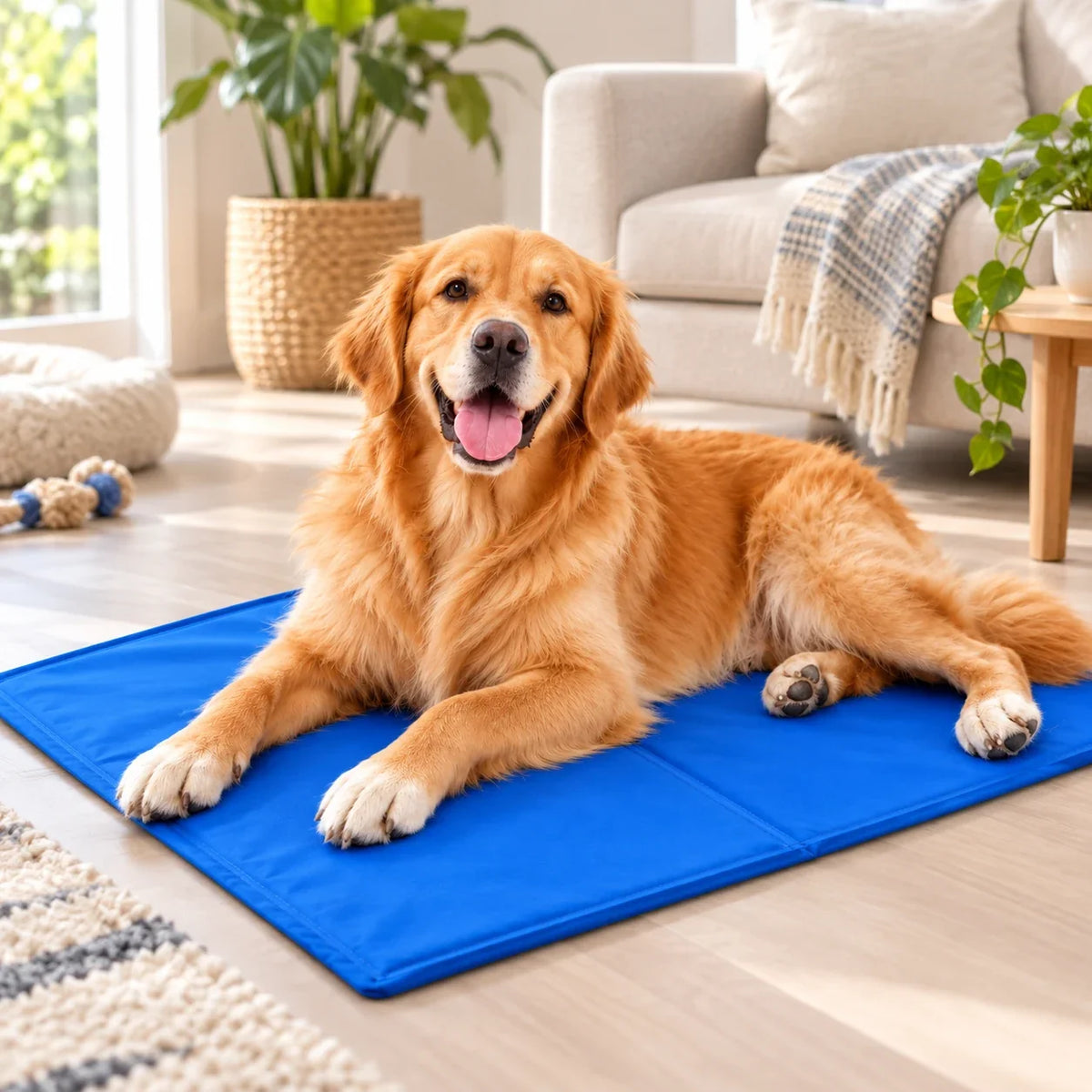 Perro descansando sobre el pad refrescante azul en casa.