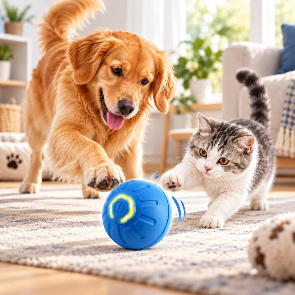 Perro y gato jugando con la pelota interactiva azul en casa. Ambientación ilustrativa; no representa el tamaño real.